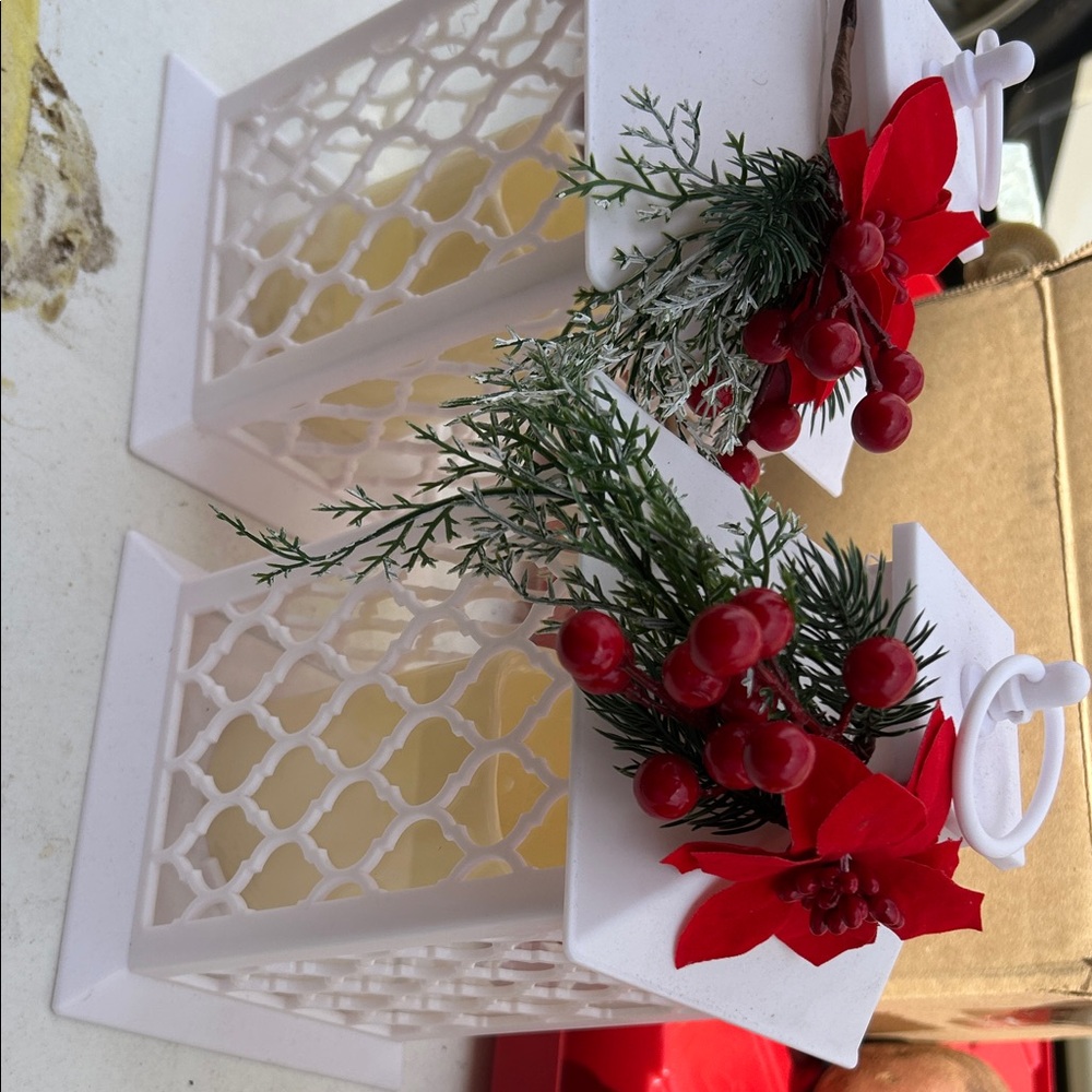 White Holiday Lantern with Red Berry and Poinsettia Accent